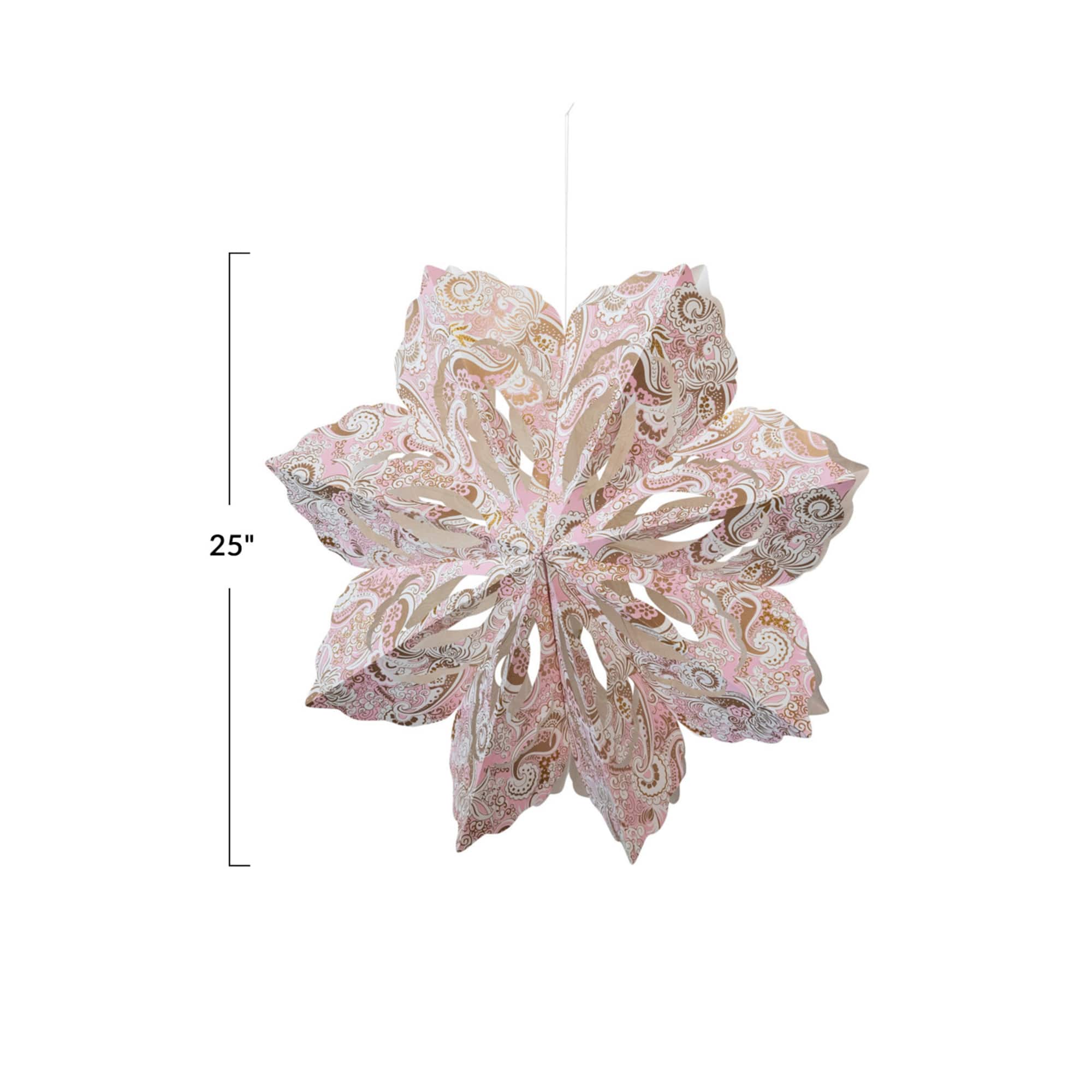 Hello Honey® 25" LED Pink, White & Gold Printed Paper Folding Snowflake Ornament with Paisley Pattern